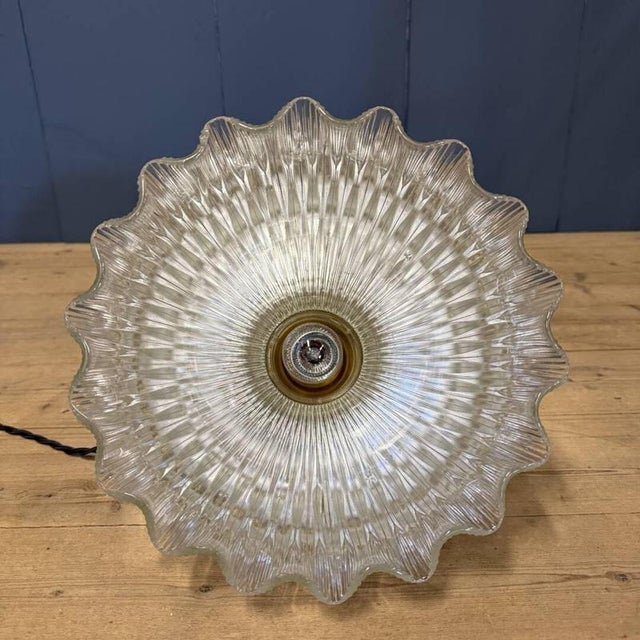 Pressed Glass Pendant Lamp with Brass Fixture from Holophane, 1930s For Sale - Image 12 of 15