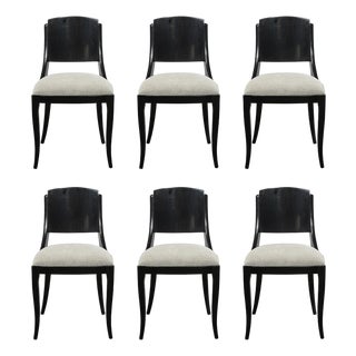 Set of Six Art Deco Sculptural Dining Chairs in Ebonized Walnut & Taupe Mohair For Sale