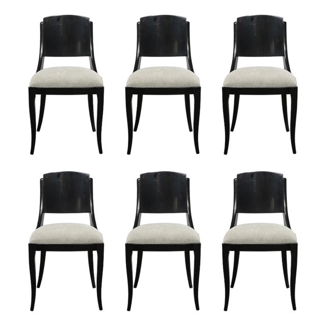 Set of Six Art Deco Sculptural Dining Chairs in Ebonized Walnut & Taupe Mohair For Sale