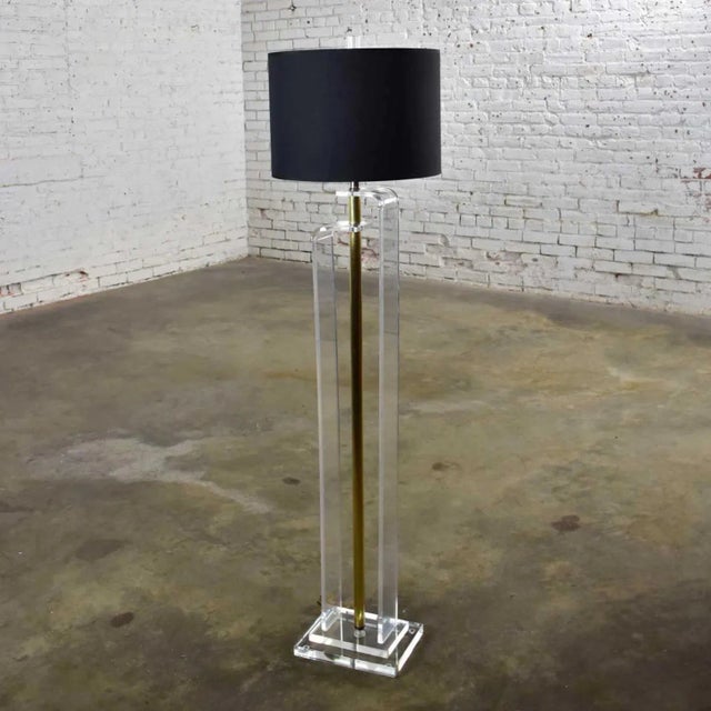 Vintage Mid-Century Modern Art Deco or Hollywood Regency Floor Lamp Lucite and Brass Plate Black Shade For Sale - Image 11 of 17