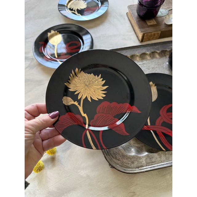 1970s Fitz and Floyd Black Floral Salad Plates 1979 Vintage Porcelain 7.5 Inch - Set of 4 For Sale - Image 5 of 11