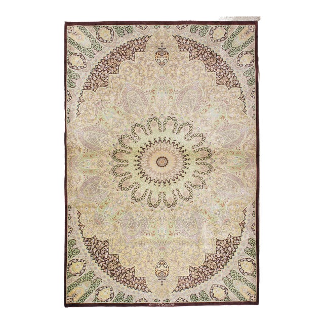 Late 20th Century Rare Finely Woven Persian Silk Qum, Handmade Oriental Rug, Ivory, Brown For Sale