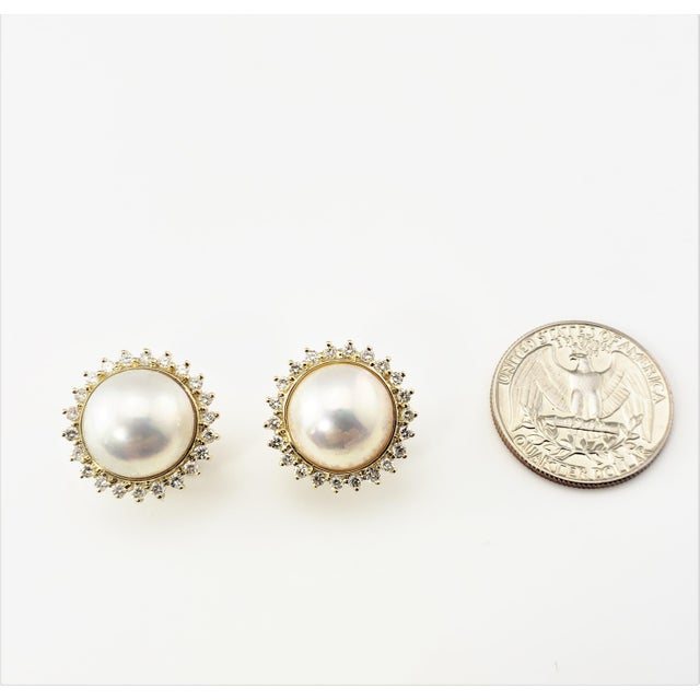 Gold Late 20th Century 14 Karat Yellow Gold Mabe Pearl and Diamond Earrings, A Pair For Sale - Image 8 of 8