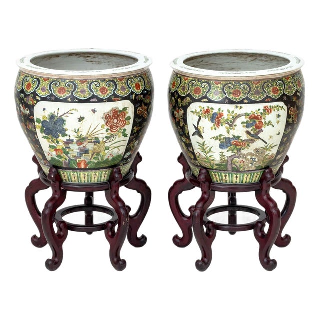Chinese Famille Noir Porcelain Fish Bowls, Pair For Sale