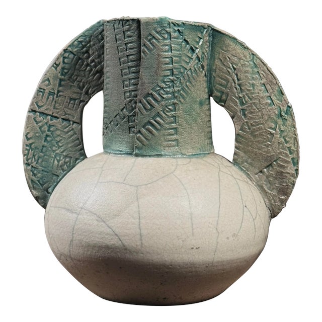 Vintage Postmodernist Double Handled Crackle Glazed Vase, Signed For Sale
