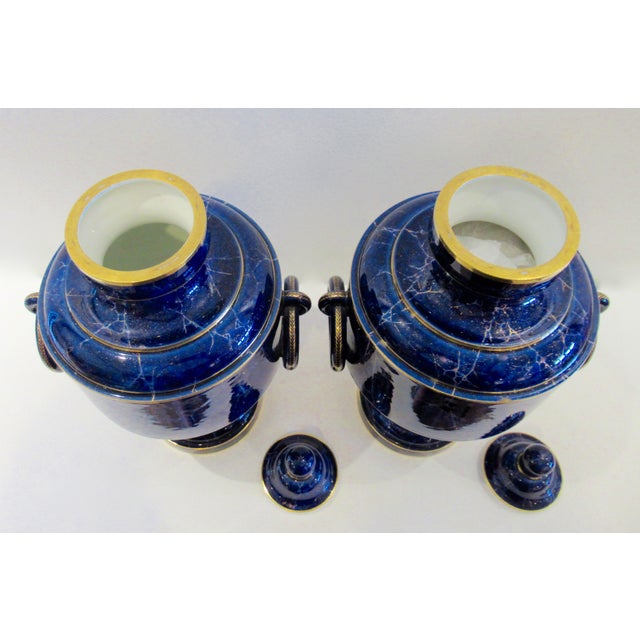 Royal Blue Late 19th. Century French Sevres Porcelain Gilded Lapis Lazuli Ground Palace Ground Urns - Pair For Sale - Image 8 of 18