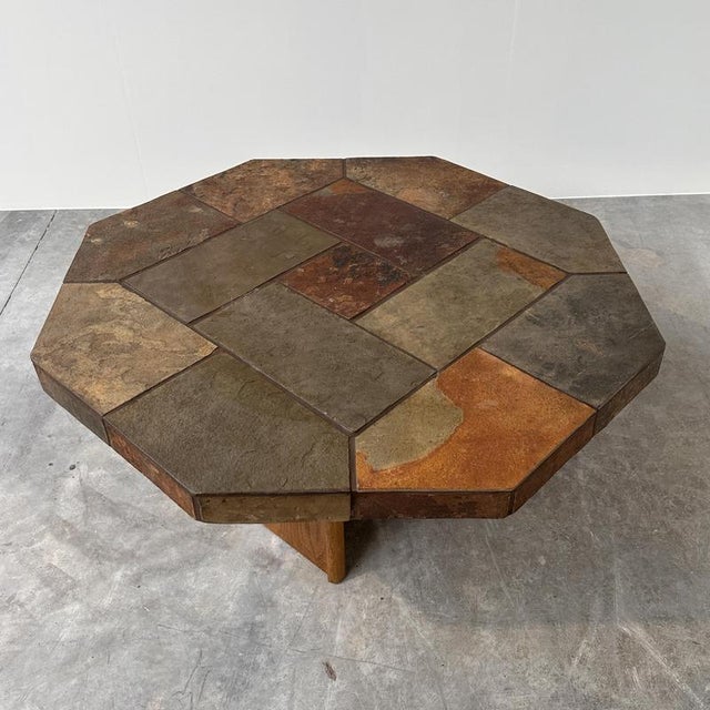 Large Vintage Brutalist Slate Mosaic Coffee Table with Oak Pedestal Base For Sale - Image 13 of 16