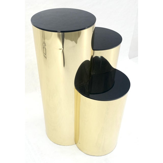 Triptych Round Cylinder Brass Finish Multi Level Pedestal Stand Table For Sale - Image 15 of 15