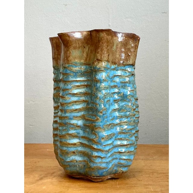 Vintage Textured Blue Ceramic Vase For Sale - Image 12 of 12