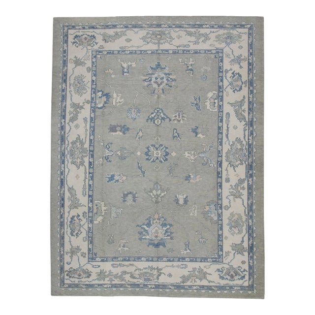 Early 21st Century Gray & Blue Floral Design Handwoven Wool Turkish Oushak Rug 9'1" X 12' For Sale