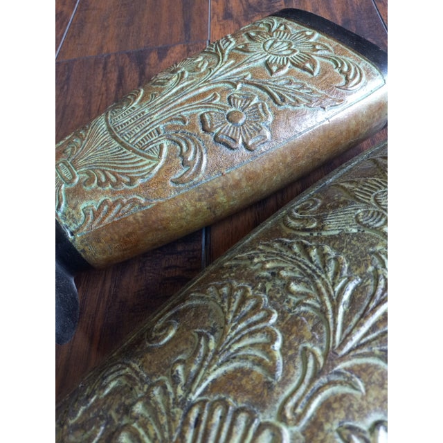 Indian Vintage Floral Engraved Metal Brown/Green/ Black Vases, Made in India - Set of Two For Sale - Image 3 of 8