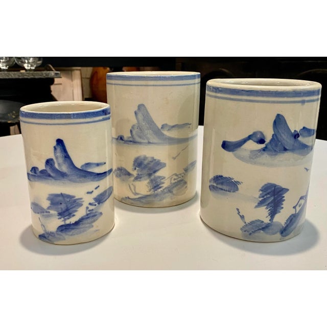 Chinese Blue & White Brush Pots- Set of 3 For Sale - Image 4 of 5