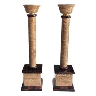 Late 20th Century Neoclassical Travertine Candlestick Holders, Pair For Sale