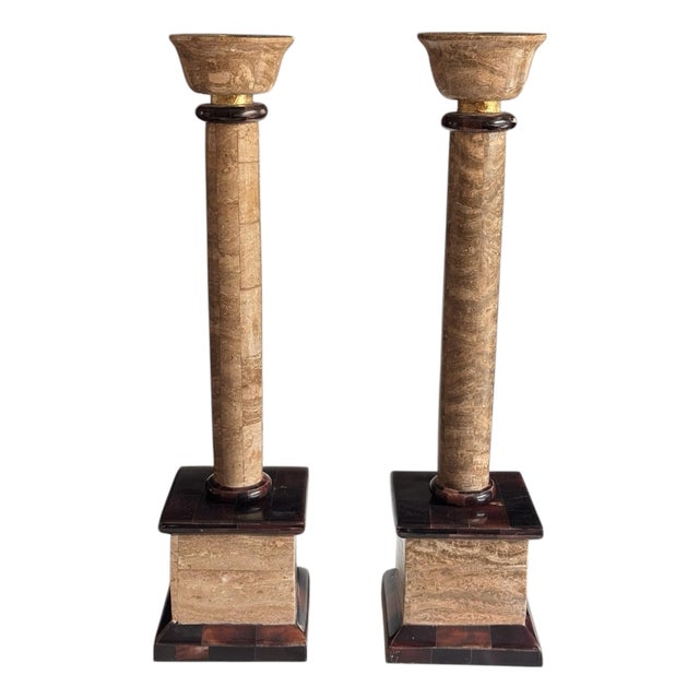 Late 20th Century Neoclassical Travertine Candlestick Holders, Pair For Sale