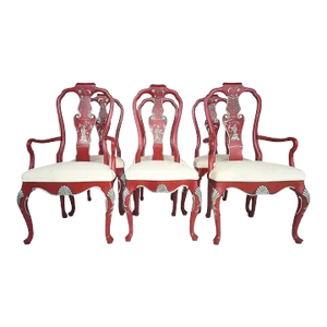 Vintage Chinoiserie Silver Leaf Dining Chairs, Set of 6, 2 Arms Plus 4 Sides