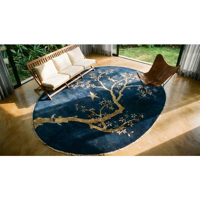 1920s Navy Blue Birds Flowers Art Deco Antique Oval Chinese Peking Wool Rug For Sale - Image 13 of 15