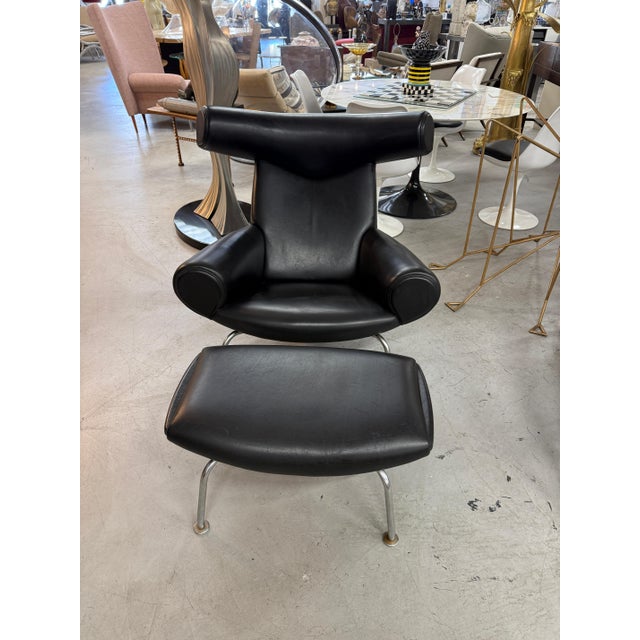 Hans Wegner Ox Chair Ottoman in Black Leather by Erik Jorgensen ex Will Ferrell For Sale - Image 14 of 18