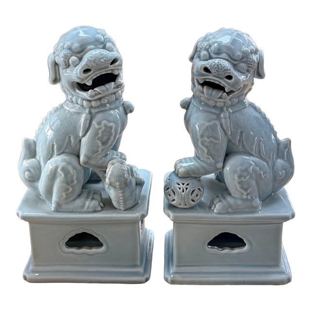 Pair of Ceramic Celadon Glaze Foo Dogs For Sale
