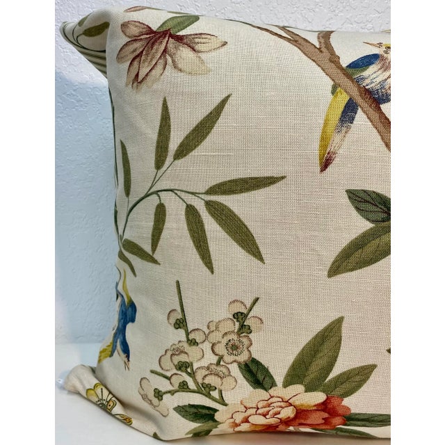 Textile Pair of 22” Square Pillows Adorned With Birds, Butterflies and a Pink Floral Print - Made in U K For Sale - Image 7 of 12