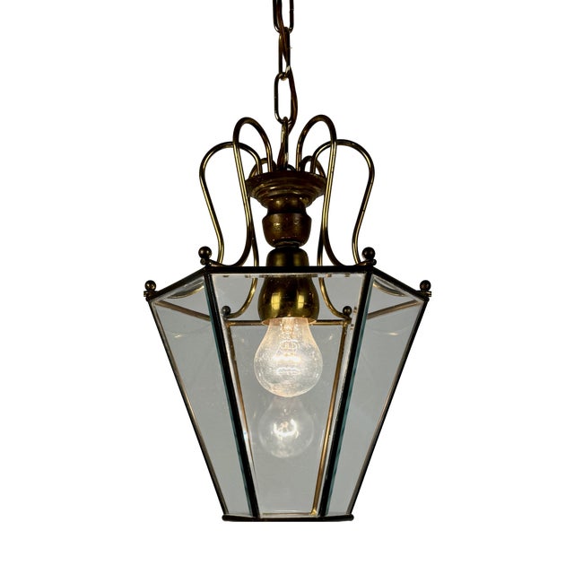 Mid-Century Modern Italian Brass and Beveled Glass Lantern Pendant Light by Adolf Loos, 1950s For Sale