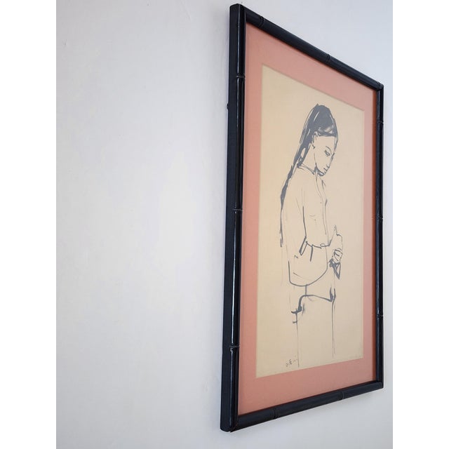 Mid Century Ruth Schloss "A Young Girl" Framed Original Drawing For Sale - Image 4 of 10