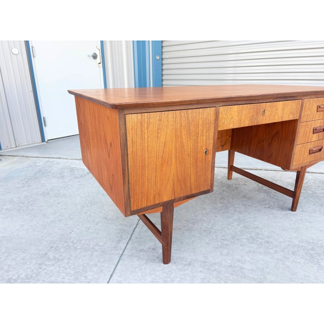 Orange 1960s Danish Modern Teak Partners Desk With Drop-Down Bar & Bookcase Back For Sale - Image 8 of 12