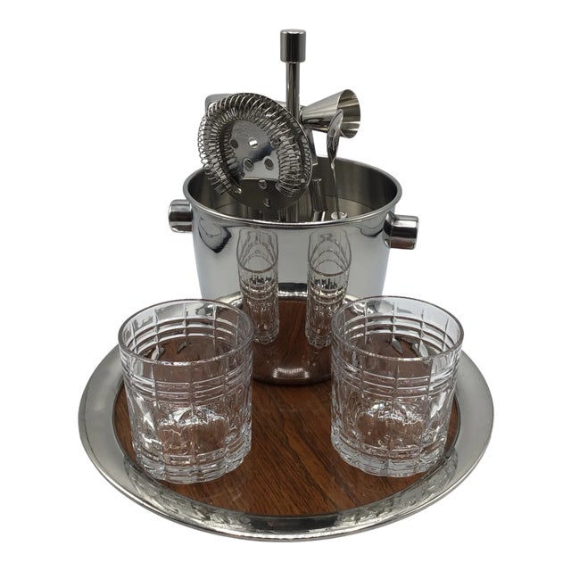 Stieff Pewter Serving Tray With Stainless Steel Bar Tool/Ice Bucket Set and 2 Cut Crystal Whisky Glasses-Set of 9 For Sale