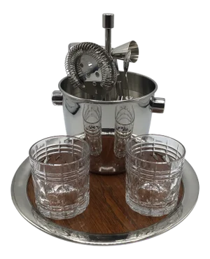 Stieff Pewter Serving Tray With Stainless Steel Bar Tool/Ice Bucket Set and 2 Cut Crystal Whisky Glasses-Set of 9