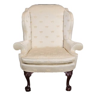 Late 20th Century Kindel Winterthur Collection Clawfoot Wing Chair Yellow Silk Drangonfly Fabric For Sale