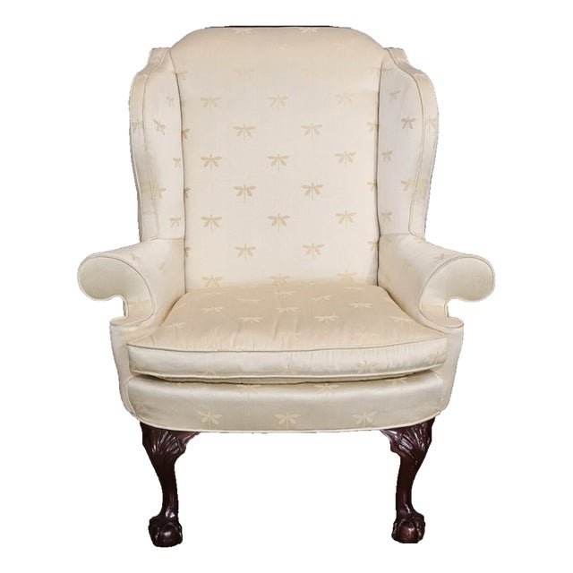 Late 20th Century Kindel Winterthur Collection Clawfoot Wing Chair Yellow Silk Drangonfly Fabric For Sale