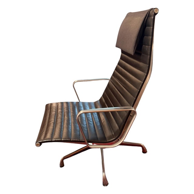 Metal Herman Miller Eames Aluminum Group Ea 124 High-Back Ribbed Leather Lounge Chair For Sale - Image 7 of 8
