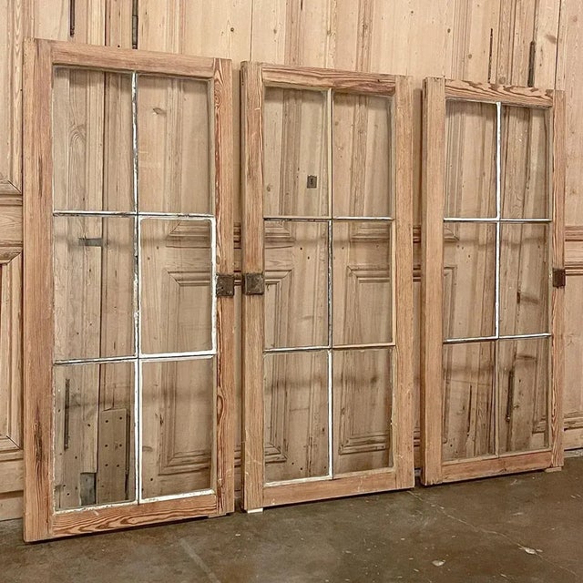 Set of 3 Antique Solid Pine Windows With Hand-Rolled Glass For Sale - Image 11 of 13