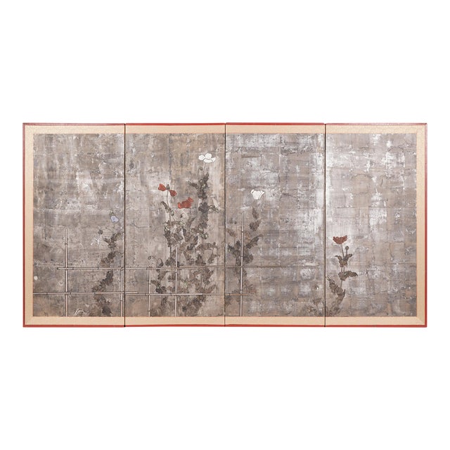 Late 19th Century Meiji Japanese Byobu Four Panel Screen Silver Wild