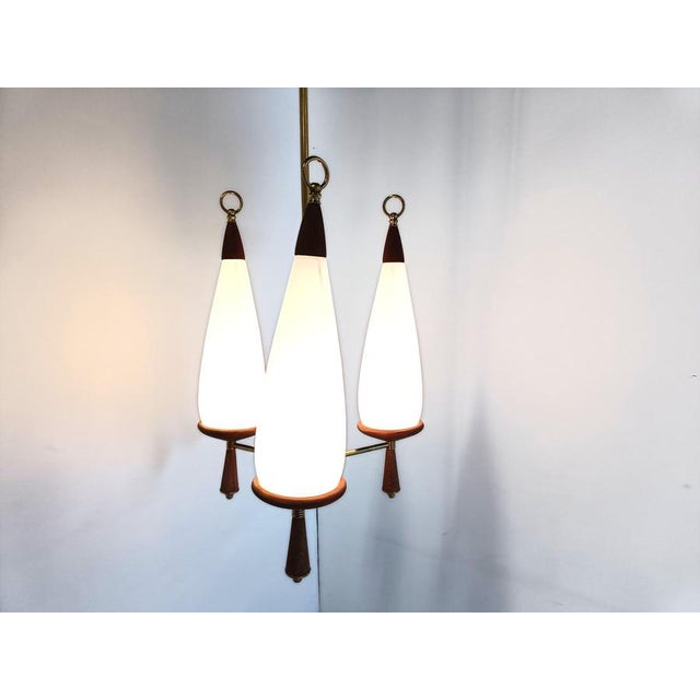 Wood Vintage Teak Chandelier with White Glass Shades, 1960s For Sale - Image 7 of 10