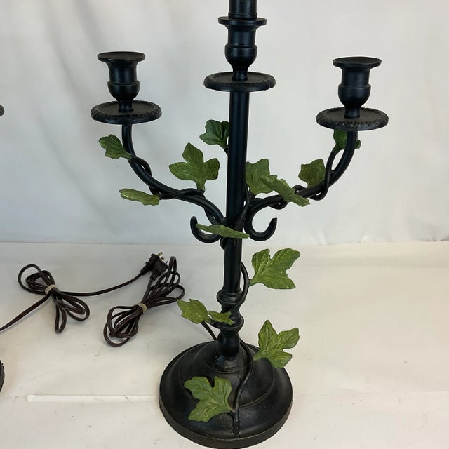 Art Nouveau 1985 Vintage Maitland-Smith French Bouillotte Style Cast Iron Table Lamp With Leaves - A Pair, Attributed, Artist Signed For Sale - Image 3 of 12