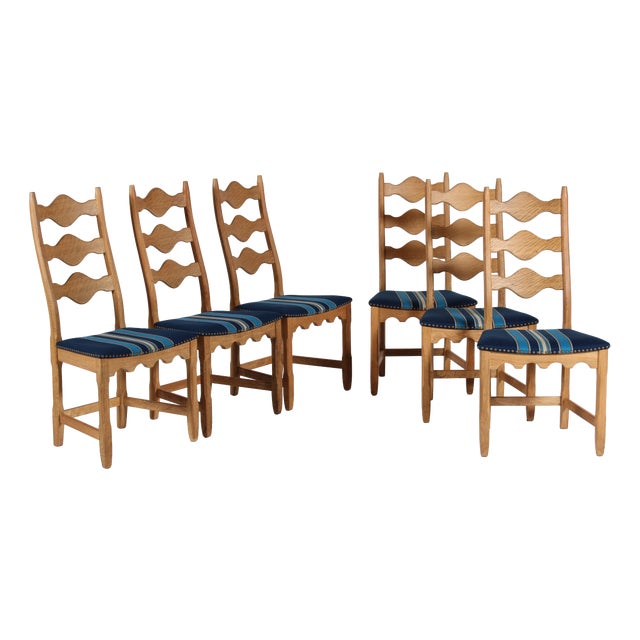 Danish Razor Blade Chairs in Oak and Striped Wool from Henning Kjærnulf, 1970s, Set of 6 For Sale