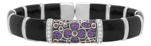 .925 Sterling Silver Black and Brown Enamel 1/3 Cttw Round Diamonds and Pink and Orange Sapphire Gemstones Floral Statement Bangle Bracelet
