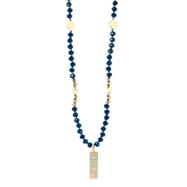 Forever Loved Gold Pendant Blue Beaded Necklace For Sale - Image 9 of 12