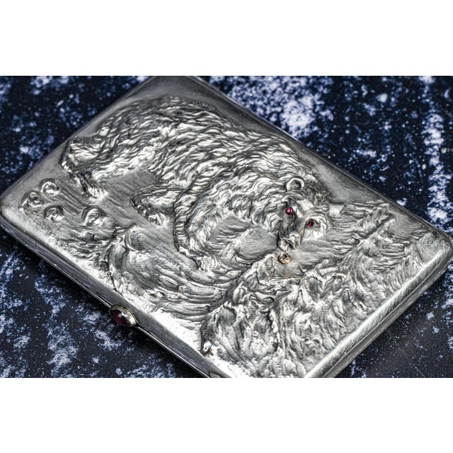 Art Nouveau Exceptional Art Nouveau Antique Cigarette Case 875 Sterling Silver Bear Design Ruby Eyes Diamond Accent For Sale - Image 3 of 18