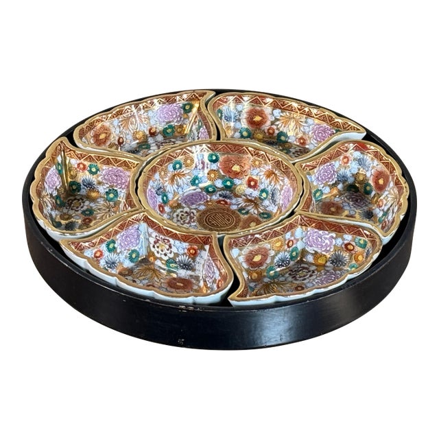 Antique Japanese Kutani Porcelain Divided Serving Bowl in Lacquered Lazy Susan For Sale