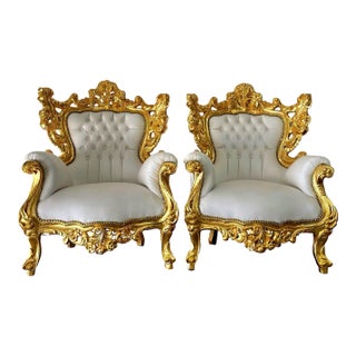 Baroque Style Chair Set – White Leather Upholstery and Gold Leaf Details For Sale