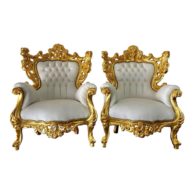 Baroque Style Chair Set – White Leather Upholstery and Gold Leaf Details For Sale