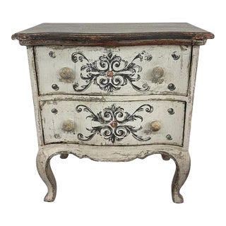Vintage French Provincial Style Distressed Hand-Painted Two-Drawer Bombe Commode For Sale