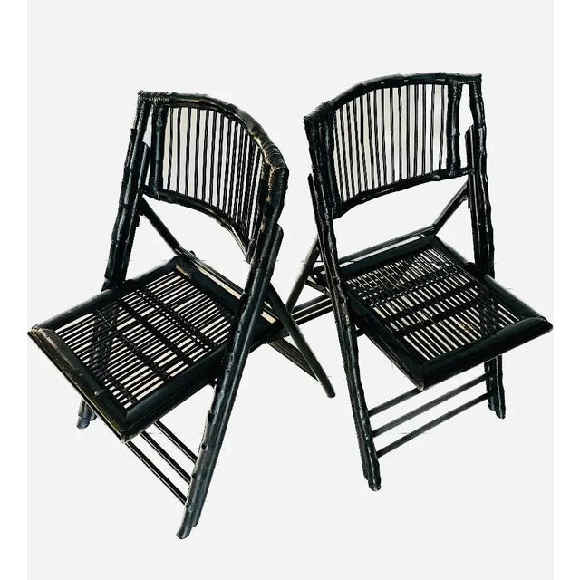 Black Vintage Chinoiserie Black Bamboo Folding Chairs- a Pair For Sale - Image 8 of 10