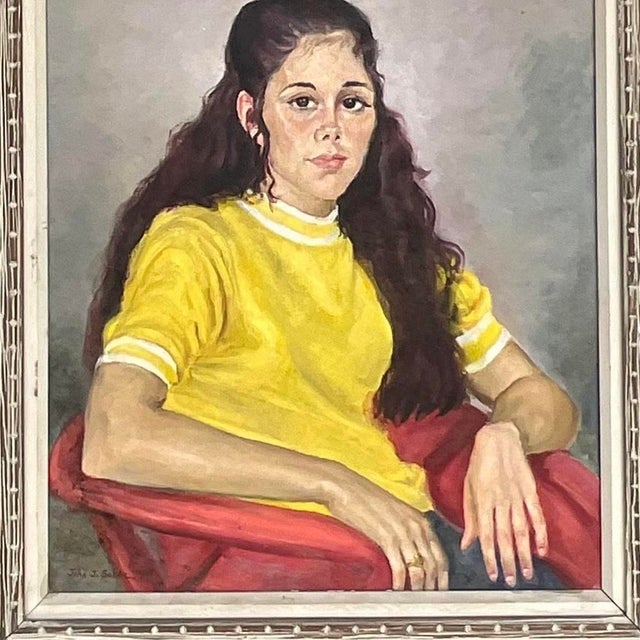 Yellow Vintage Signed Realist Portrait of Young Woman Oil Painting For Sale - Image 8 of 13