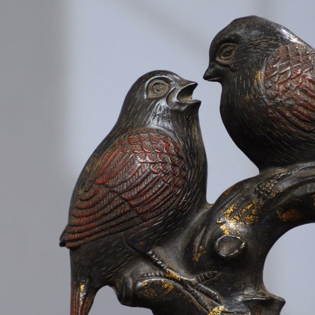 Gilt Metal Double-Bird Figurine — Aged Patina, Engraved Auspicious Base For Sale In Los Angeles - Image 6 of 9
