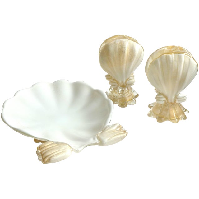 Murano Vintage White Gold Flecks Italian Art Glass Mid Century Seashell ...