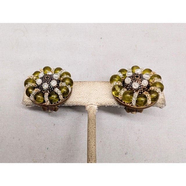 Vintage 1960s Signed Ornella Italy Round Green Beaded Clip Earrings-2 Pieces For Sale In Philadelphia - Image 6 of 8