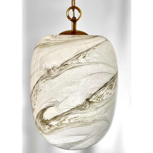 Contemporary Italian Handblown Faux Alabaster Glass Pendant Light With Brass Chain & Fittings – 9" X 11" Glass Shade For Sale - Image 3 of 16