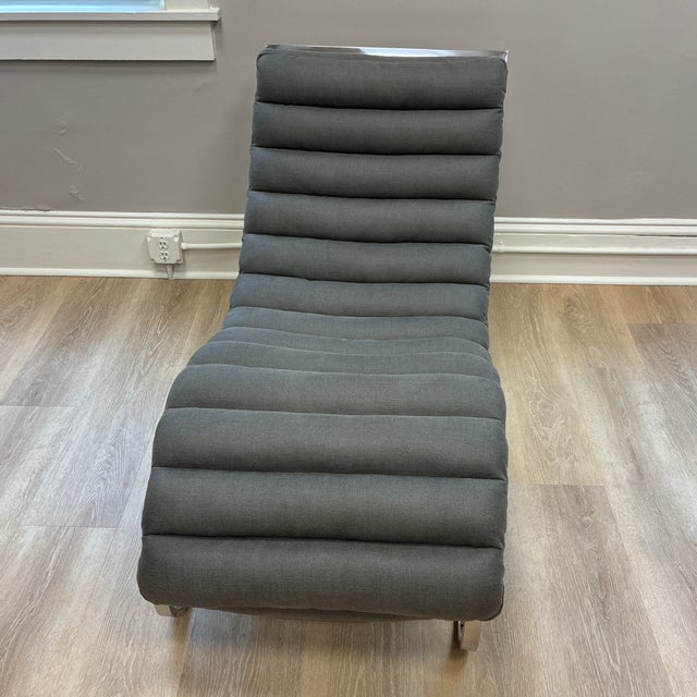 Restoration Hardware mid-century inspired chaise lounge in stainless steel and graphite gray 100% linen fabric.